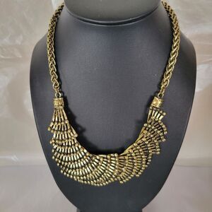 Antique Brass Tone Graduated Fan Statement Necklace 18 In.